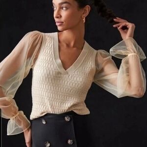 Maeve Anthropologie Sheer Sleeve Sweater Womens Size Medium Beige V Neck Organza